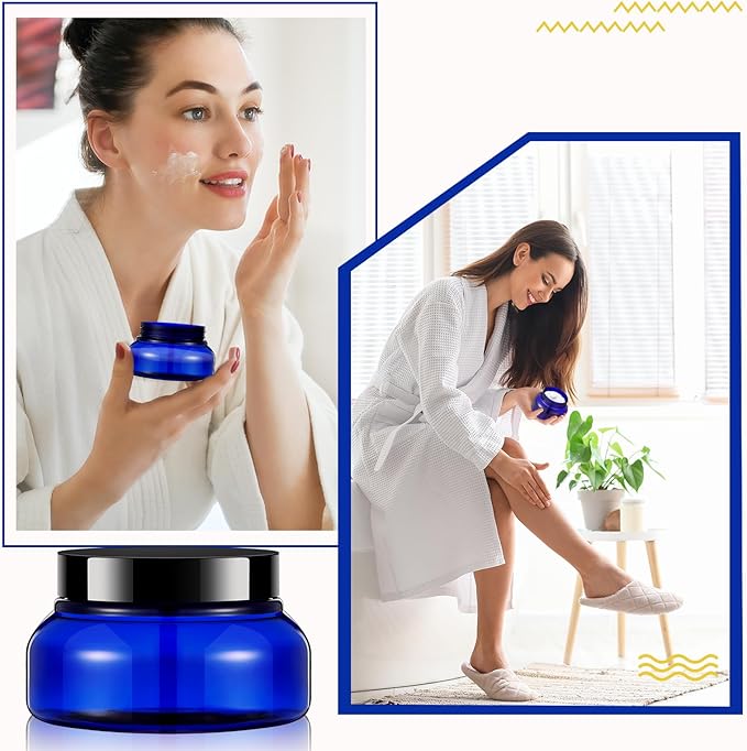 Tessco 24 Pack Plastic Jars with Lids Labels Empty Clear Plastic Jars Round Refillable Cosmetic Containers Body Butter Containers Bulk Sugar Scrub Bottle for Make Up(5 oz,Translucent Blue and Black)