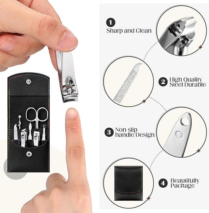 Lasnten 100 Bulk Nail Clipper Set Bulk Manicure Kit Stainless Steel Pedicure Professional Nail Care Kit with Travel Case Portable Grooming for Husband Men Women Family(Black,7 in 1)
