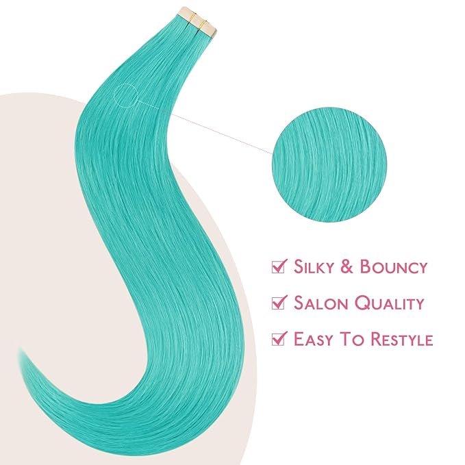 WENNALIFE Tape in Hair Extensions Human Hair Teal Green Tape in Extensions, 10pcs 20g 10 inch Remy Invisible Tape Ins Straight Colored Soft Real Human Hair Tape in Extensions Refill Set Extensions