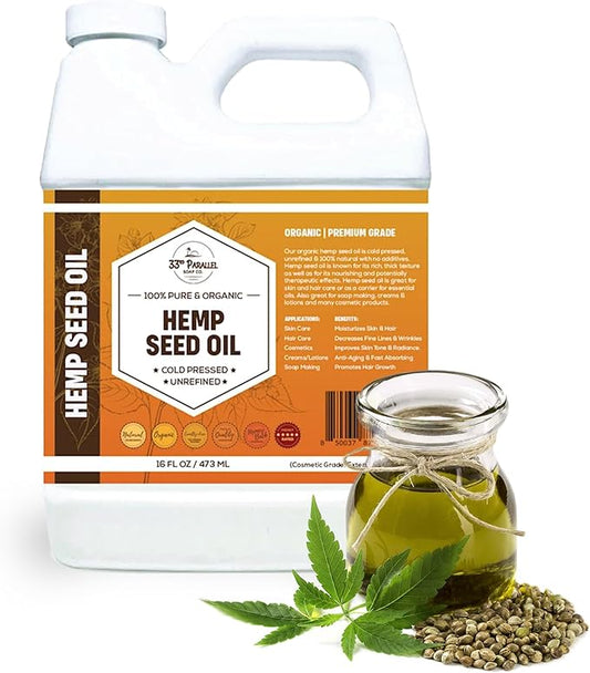 Organic Hemp Seed Oil (16 oz) Premium Cold Pressed Unrefined | 100% Pure Hemp Seed Oil for Skin, Face, Hair, Soap Making, Massage | Carrier for Essential Oils | Available in Bulk | 16 FL OZ