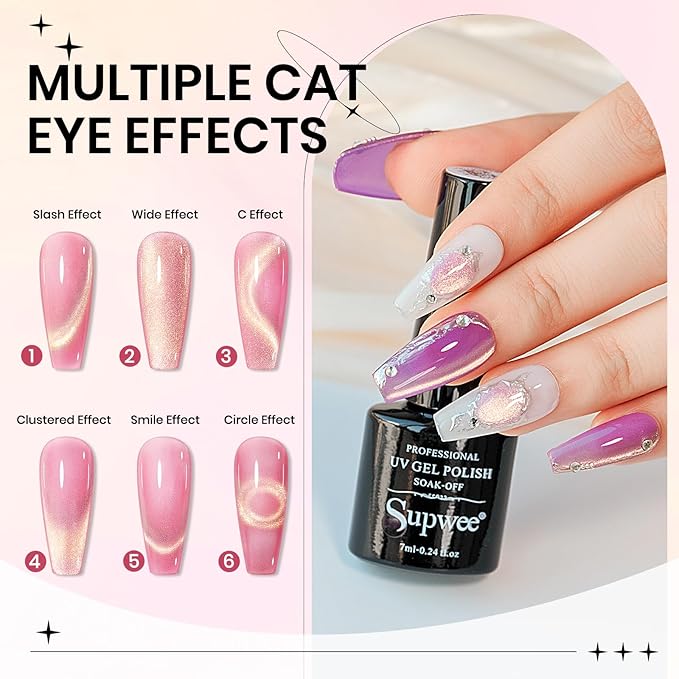 Cat Eye Gel Nail Polish Set,12 Colors Gold Glitter Holographic CatEye Gel Polish with Magnetic Stick,Sliver Brown Pink Red Cat Eye Soak Off UV DIY Home Salon Manicure