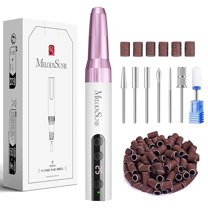MelodySusie Rechargeable Cordless Electric Nail Drill with 10Pcs Diamond Sanding Bit Set with 40pcs Small Sanding Bands