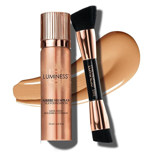 LUMINESS Silk Airbrush Spray Foundation & Buffing Brush Kit – Full Coverage Foundation & Dual-Sided Buffing Brush - Buildable Coverage, Anti-Aging Formula Hydrates & Moisturizes (Shade - Medium)