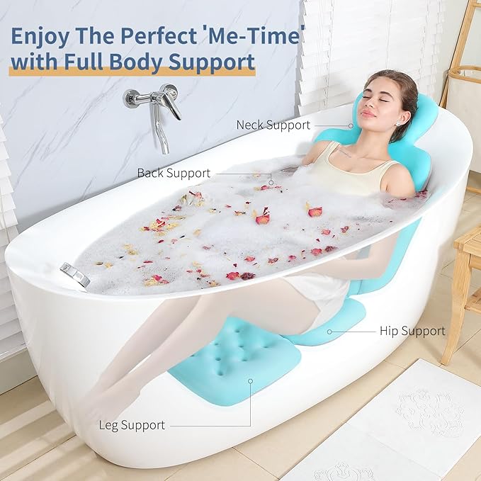 Luxury Bath Cushion, Full Body Bathtub Pillow with 160 Suction Cups, Bath Mat for Head and Neck Support, with Laundry Bag (Blue, 51.2" x 16.2")
