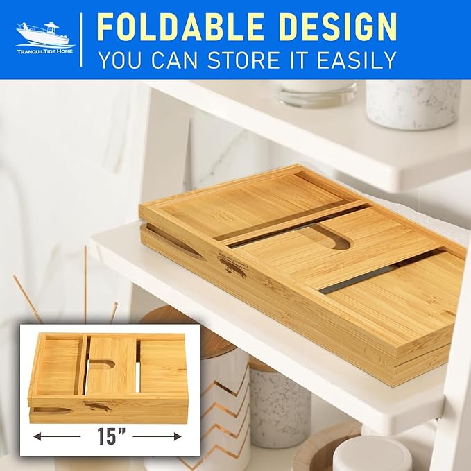 Foldable Bathtub Tray Expandable to 109cm with Bath Bomb and Scented Candle, Adjustable, Waterproof Bamboo Bathtub Caddy with Anti Slip Grip Pads for Home Spa