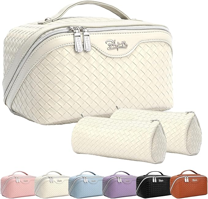 BOYATU Travel Makeup Bags for Women: Large Cosmetic Bag - Vegan Leather Make up Bags Set of 3 - Protable Toiletry Bag Compact Organizer with Compartments (L12 Beige)