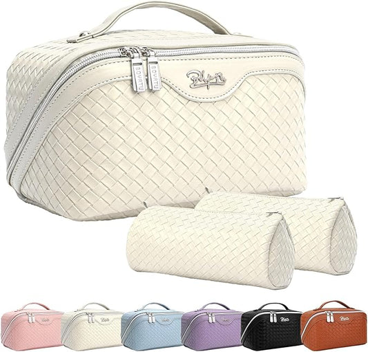 BOYATU Travel Makeup Bags for Women: Large Cosmetic Bag - Vegan Leather Make up Bags Set of 3 - Protable Toiletry Bag Compact Organizer with Compartments (L12 Beige)