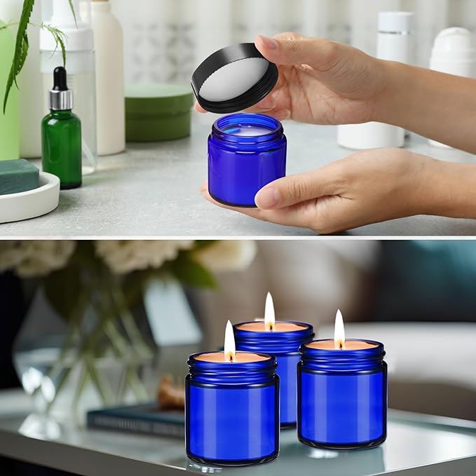 Norme 12 Pcs 4 oz Glass Jars with Lids Leakproof Round Airtight Empty Cosmetic Jars with Inner Liners Lid for Storing Lotions Powder Ointments Candle Making (Blue,Black)