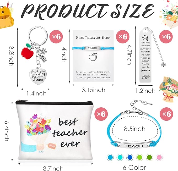LEIFIDE 24 Pcs Teacher Appreciation Gifts Set, Thank You Birthday Gifts for Teachers 6 Teacher Cosmetic Bag 6 Teacher Blessing Card Bracelet 6 Bookmarks 6 Keychain for Women Teachers Day Graduation