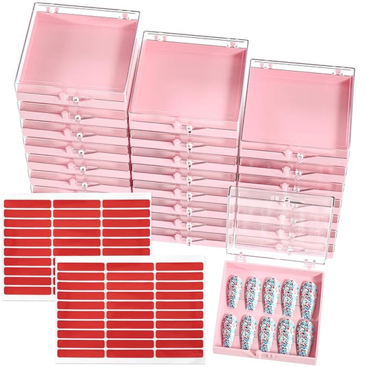 ANCIRS 25 Pack Acrylic Nail Storage Box for DIY Press-on Nails Holder & 60pcs Double Sided Adhesive Nail Display Tape, Artificial Nail Stand Packaging Organizer Case & Fake Nail Tip Tapes for Nail Art