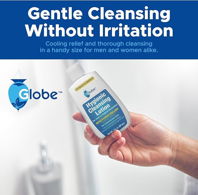 Globe (3 Pack Hygienic Cleansing Lotion for Men and Women -Discomfort, Pain & Itch Relief for Sensitive Areas, Cooling, Non-Irritating Gentle Personal Care Cleanser, Convenient for Travel, 3oz Bottle
