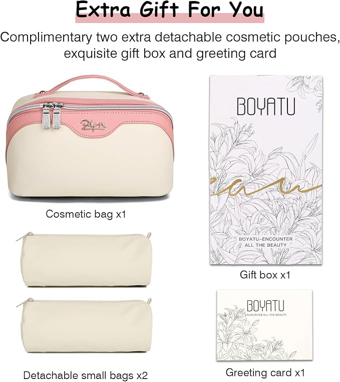 BOYATU Travel Makeup Bag Set: Portable Make up Bag for Traveling - Leather Cosmetic Bags for Women - Waterproof Toiletry Organizer Bags with Handle (D-02-White)