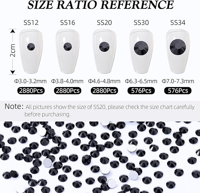 Black Flatback Rhinestones, Glass Rhinestones for Nail Art and Craft, Glue Fix, Loose Crystal Gemstones(Black, SS12, 2880pcs, 2.9-3.0mm)