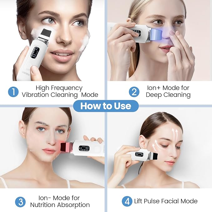 UNIWA Skin Scrubber Face Spatula, Skin Scrubber Pore Cleaner Blackhead Remover Tool for Deep Facial Cleansing - 4 Modes, Face Spatula with USB Charger, LCD Display, IPX7 Waterproof - White
