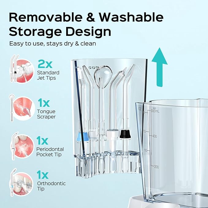 COSLUS Professional Water Flosser for Teeth: 12 Pressure Settings Electric Dental Pick for Orthodontic, Braces, Sensitive Gums - Home Use, 5 Jet Tips for Multiple Users, Family, White, E2