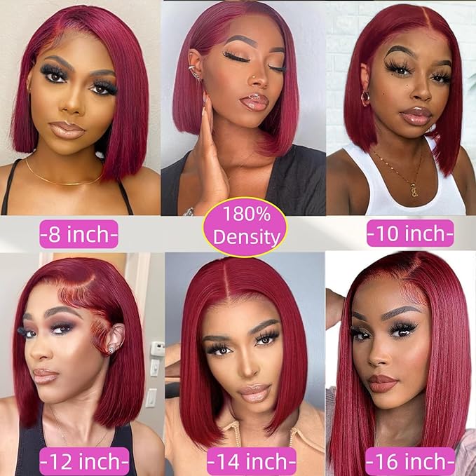 99j Burgundy Lace Front Wigs Human Hair Short Bob Wig Human Hair for Women 13x4 HD Transparent Lace Frontal Wigs Pre Plucked with Baby Hair Glueless Wigs Human Hair 180% Density 12 Inch