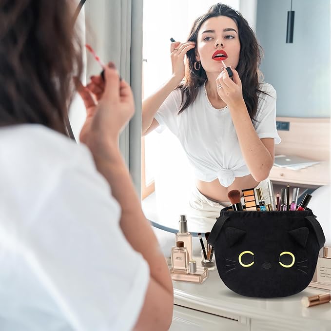 Funny Cat Drawstring Makeup Bag - Large Capacity Cute Travel Toiletry Bag Cosmetic Bag Pouch Organizer - Valentines Day Mothers Easter Birthday Unique Gifts for Women Girls Cat Lovers-Black