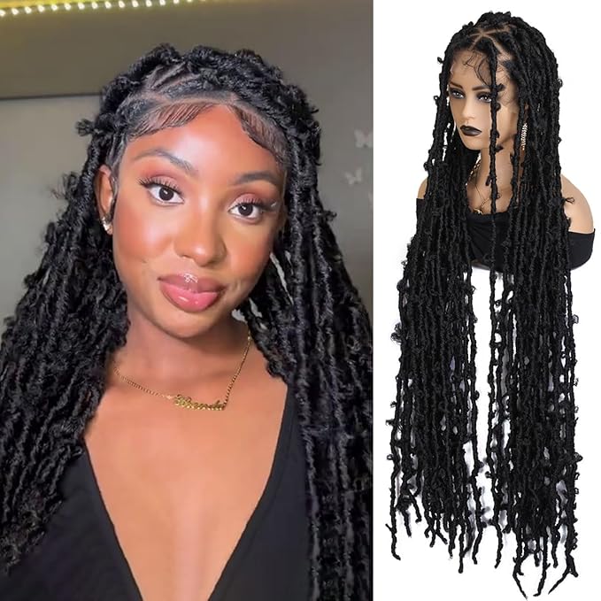 45 inch Butterfly Locs Wig, Extra Long Knotless Big Triangle Part Full Double Lace DistressedLocs Wigs, Butterfly Faux Locs Wigs Pre-Plucked with Baby Hair