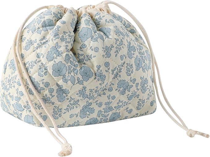 Cotton Quilted Drawstring Makeup Bag with Canvas Lining,Coquette Aesthetic Cute Travel Toiletry Bag,Drawstring Gift Bag for Women and Girls（02Light Blue Flower）
