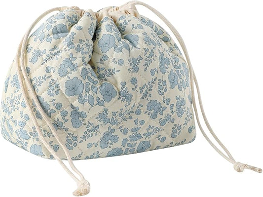 Cotton Quilted Drawstring Makeup Bag with Canvas Lining,Coquette Aesthetic Cute Travel Toiletry Bag,Drawstring Gift Bag for Women and Girls（02Light Blue Flower）