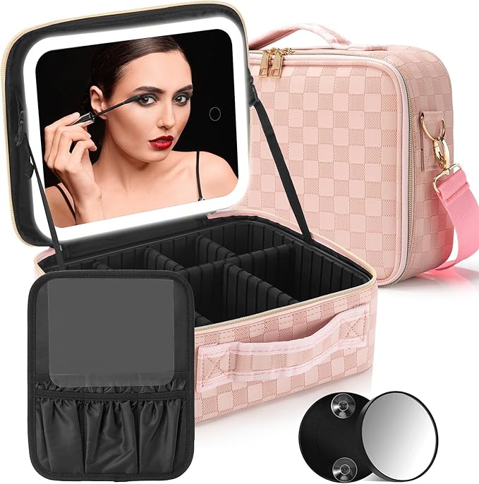 Travel Makeup Bag With LED Mirror - 3 Color Setting Cosmetic Box Organizer Vanity Case for Women Beauty Tools Accessories - Rechargeable (Pink, Middle)