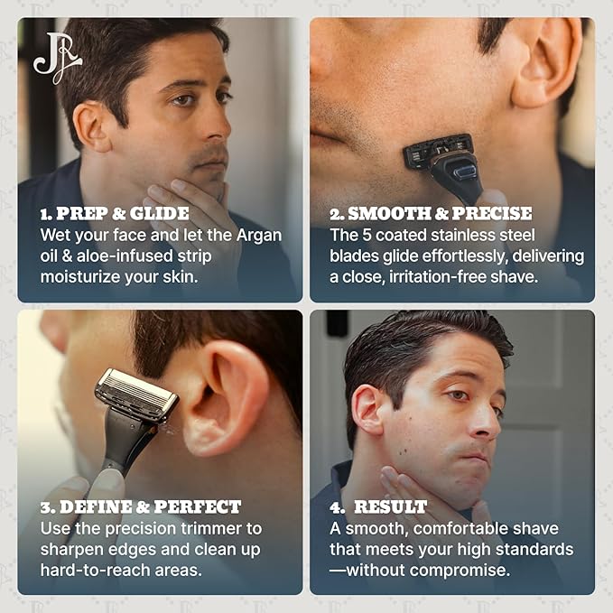 Jeremy's Razors for Men: Precision 5 Blade Razor - Stainless Steel Blades, Lubricating Strip, Precision Trimmer - Men's Shaving Kit, Travel Face Body Head Shavers (1 Razor 4 Cartridges)