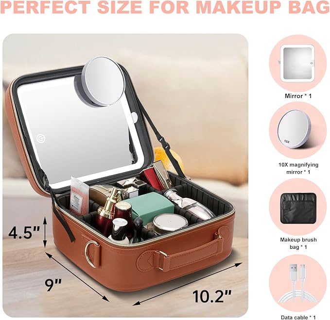 Mocado Travel Makeup Bag with LED Lighted Mirror, Travel Makeup Organizer, Makeup Case with 3 Color Lighted Setting and 10x Magnifying Mirror, Portable Storage and Adjustable Dividers(Orange Brown)