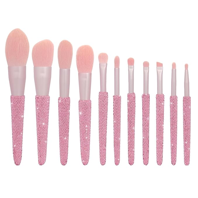 Professional Makeup Brushes Set 11PCS Bling Rhinestone Face Cosmetics Blending Liquid Foundation Powder Concealer Eye Shadows Make Up Beauty Tool Glitter (Pink)