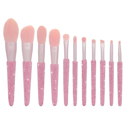 Professional Makeup Brushes Set 11PCS Bling Rhinestone Face Cosmetics Blending Liquid Foundation Powder Concealer Eye Shadows Make Up Beauty Tool Glitter (Pink)