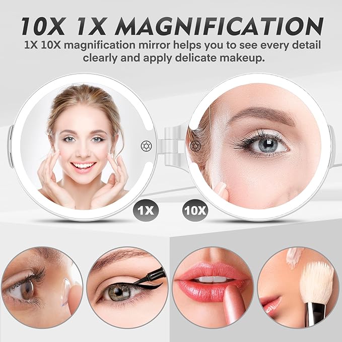 FUNTOUCH Lighted Travel Makeup Mirror, Rechargeable 1X/10X Magnifying Mirror with Light, Travel Makeup Mirror,Touch Switch Light up Mirror for Plucking Eyebrows (7in)