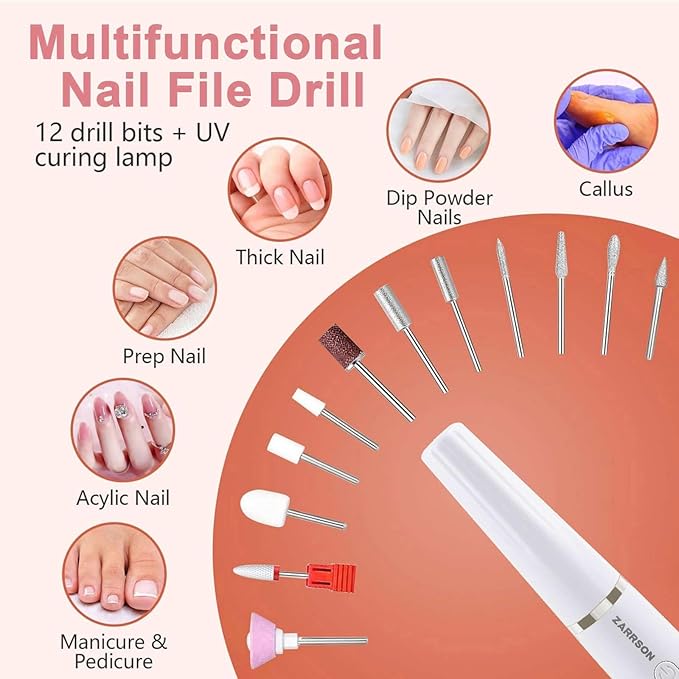 Professional Electric Nail Filer Drill Kit：Rechargeable Electric Nail Drill Set，Cordless Nail File Electric Sander for Acrylic Nail Files and Buffers with Nail Drill Bits Sanding Bands (White)