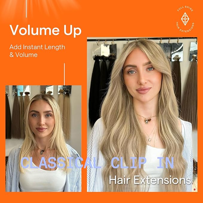 Full Shine Hair Extensions Clip ins 7 Pcs Golden Blonde Highlights Light Blonde Real Hair Clip in Remy Hair Extensions for Women 14 Inch 120 G