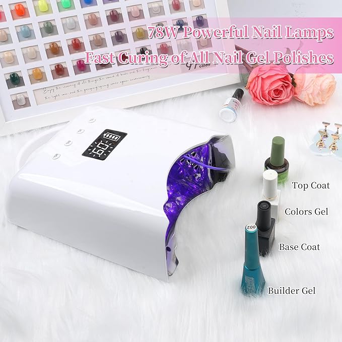 Professional UV LED Nail Lamp, Cordless Rechargeable UV Light for Gel Nails, 78W Fast Curing Gel Nail Light with 4 Timer Setting LCD Display, Auto Sensor and Spacious Interior(White)