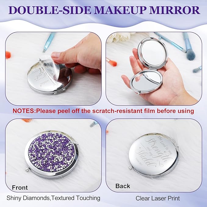 Thyle 12 Pcs Christian Compact Mirror Gifts for Women Bible Verse Bulk Hand Makeup Compact Purse Mirror Inspirational Religious Baptism Gift for Teacher Mother's Day Women Nurse(Purple)