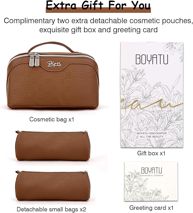 Travel Makeup Bag Organizer Cosmetic Bag: 3 Pcs Set Make up Bags for Women with Handle - Waterproof Vegan Leather Toiletry Bags with Comparments (Brown)