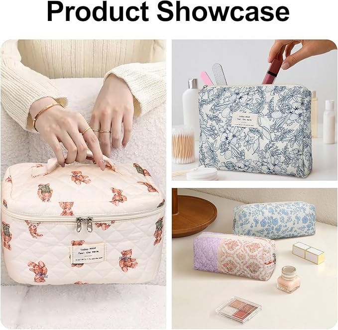 Quilted Makeup Bag,Large Cosmetics Bag Set,Coquette Floral Make up Pouch,Travel Toiletry Bag for Women