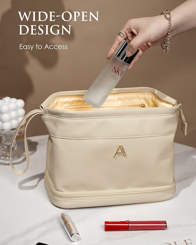 Travel Essentials for Friends Female Mom, Personalized Makeup Bag, Double Layer Cosmetic Bag with Makeup Brush Organizer, Waterproof, Large Capacity PU Leather Toiletry Bag Customized Gifts