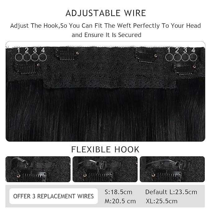 YILITE Wire Hair Extensions Human Hair, 100% Remy Human Hair, Jet Black 18 Inch 95g Hairpiece, Invisible Natural Straight with Transparent Line and 4 Clips