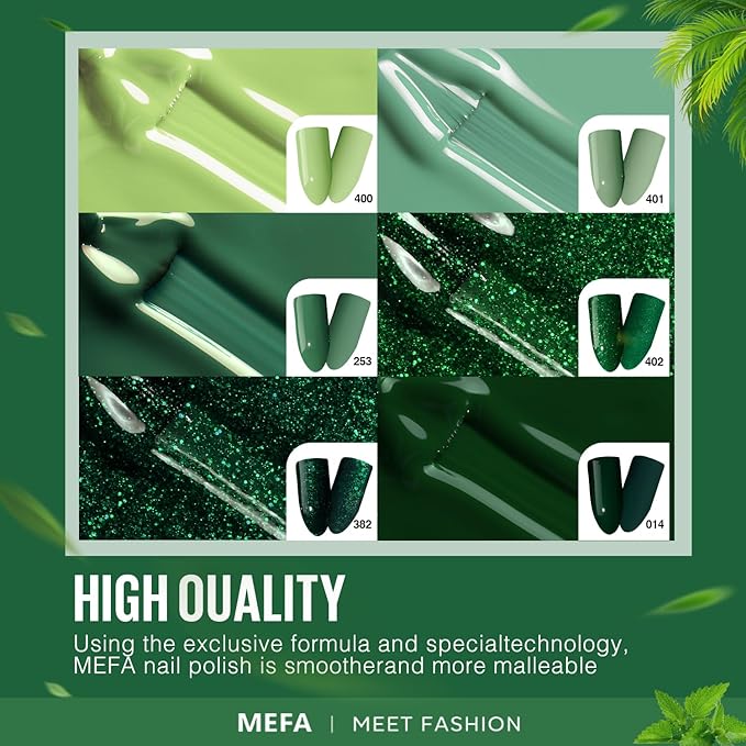 MEFA Green Gel Nail Polish, 6 Colors Green Glitter Nail Polish Gel Dark Avocado Sage Evergreen Sparkle nail Polish Set Soak Off Nail Art DIY Salon Manicure Nail Art Gifts for Women