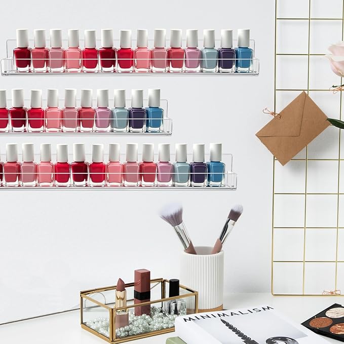 12 Pack Nail Polish Organizer Wall Rack Wall Mounted Shelf Acrylic Clear Nail Polish Shelves Wall Organizer Holder Display Nail Supplies for Nail Techs