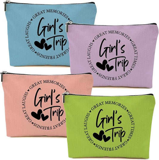 4Pcs Girls Trip Gifts Favors, 2025 Girls Weekend Gifts Makeup Bag, Bestie Gifts Weekend Bag Summer Vacation Cosmetic Bag, Friendship Gifts for Women Best Friend, Graduation Wedding Gifts Toiletry Bag