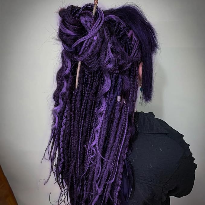 24 Inch 30 Strands SE Dreadlock Extensions Sets，3 In 1 Mixed Synthetic Dreads Extensions, Ombre Purple Straight&Curly&Boho Handmade Dreads Hippie Style Dreadlocks for Woman