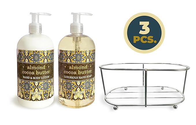 Three Piece Set: Hand & Body Lotion and Hand Soap Duo Set Enriched With Shea Butter 16 oz ea. in a Chrome Caddy Collection (Almond Cocoa Butter)