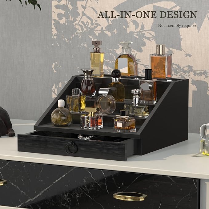 Wooden Cologne Organizer for Men Enhanced 4 Tier Cologne Stand Shelf Perfume Organizer with Velvet Lined Drawer & Hidden Storage Perfume Display Holder for Dresser Nice Gift (Classy Black)