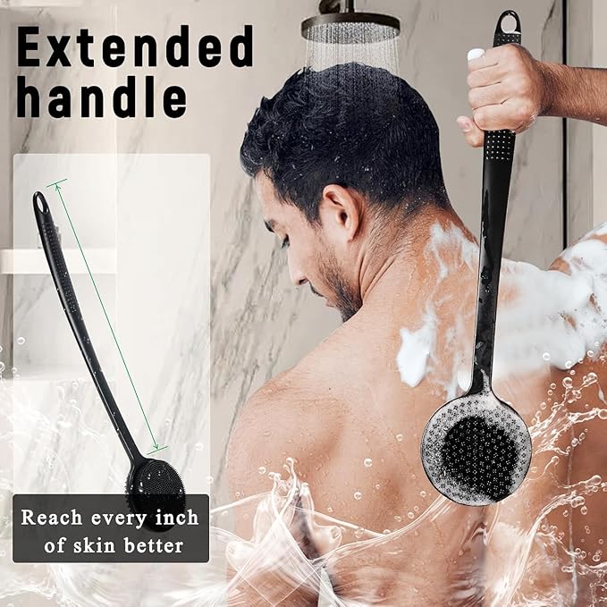VWMYQ Silicone Back Scrubber for Shower, 17in Lengthen Long Handle Body Brush, Double Sided Shower Brush for Shower Exfoliating and Massage Can Produce Rich Foam, Long Handle Back Scrubber for Men