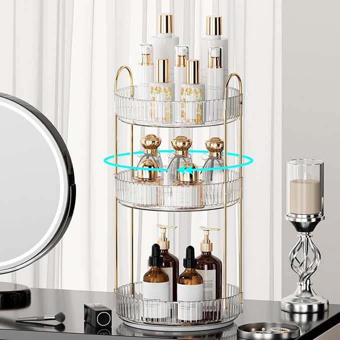 360° Rotating Makeup Organizer for Vanity - 3 Tier Perfume Organizer with Large Capacity - Skincare Organizer for Bathroom Counter - Space-Saving Cosmetic Storage for Dresser Countertop (Clear)