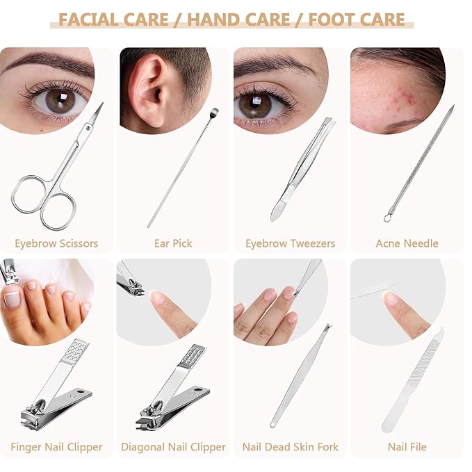 Lasnten 24 Set Manicure Set Bulk Nail Clippers Grooming Nail Kit Stainless Steel Professional Pedicure Kit Pedicure Tools with Travel Case Gifts for Men Women Personal(8 in 1,Shiny Gold)