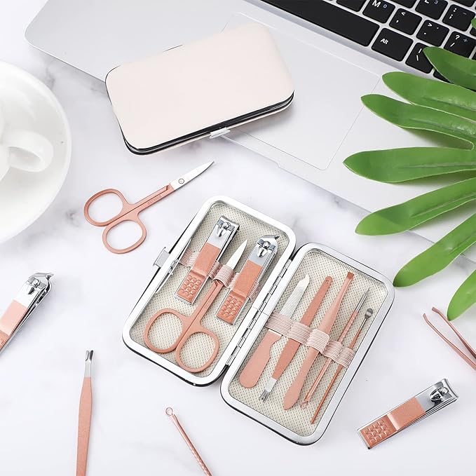 Lasnten 24 Set Manicure Set Bulk Nail Clippers Grooming Nail Kit Stainless Steel Professional Pedicure Kit Pedicure Tools with Travel Case Gifts for Men Women Personal(8 in 1,Pink, Rose Gold)