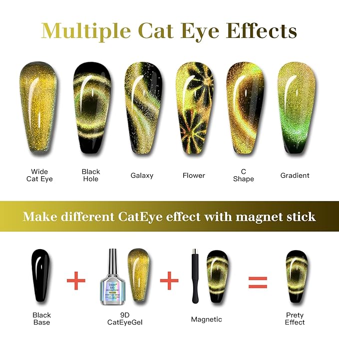 9D Cat Eye Gel Nail Polish Set, 15ml Black Gel + 15ml Gold Glitter Cat Eye Gel, Includes Silicone Handle Cylinder Magnetic Stick for Mesmerizing 9D Effects