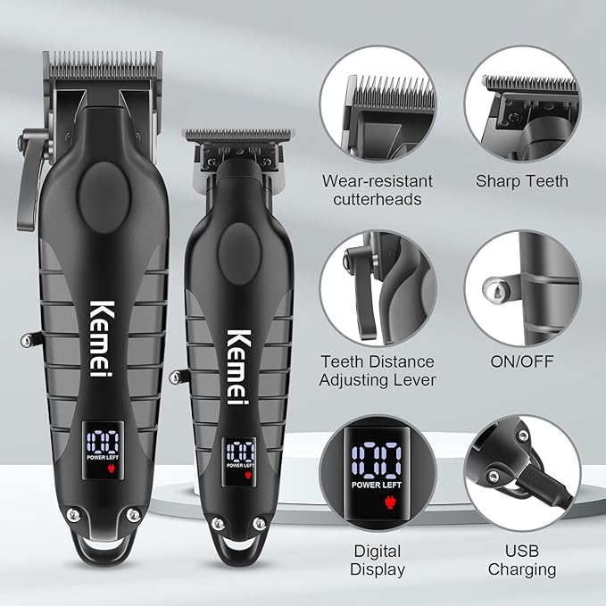 Kemei Hair Clipper and Trimmer Set Professional Cordless Hair Clipper for Men Electric Beard Trimmers Barber Hair Cuttings Kit, T Blade Trimmers for Men with LCD Display, KM-2290，KM-2293